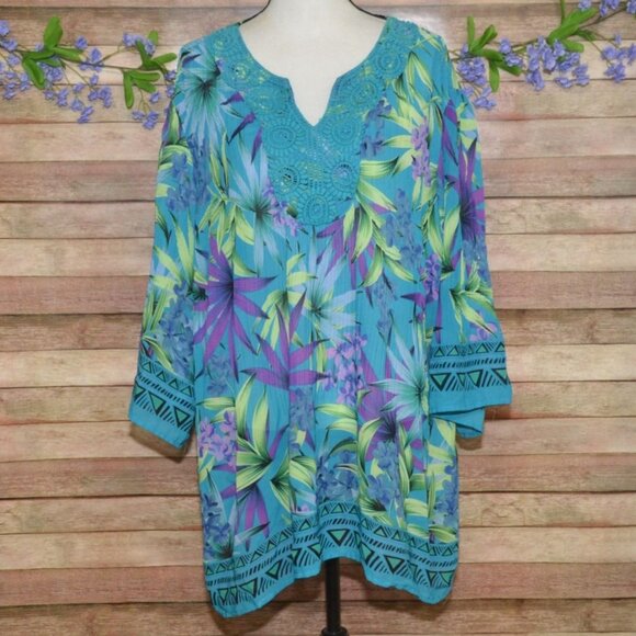 Catherines Womens 1X Tropical Floral Lace Blouse Top Sheer Vacation Beach Cruise - Picture 1 of 11